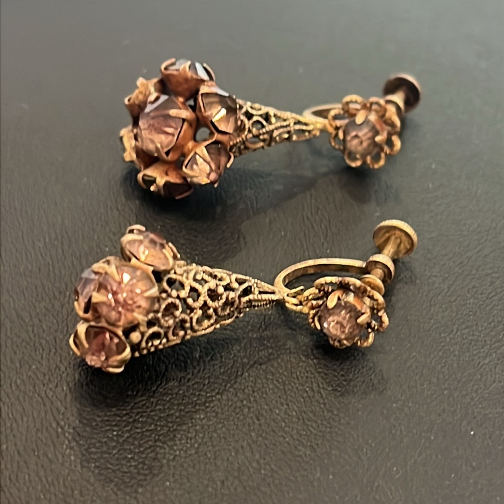 Czechoslo Filigree Cone Shape Dangling Earrings & Soft Violet Stones. Vintage